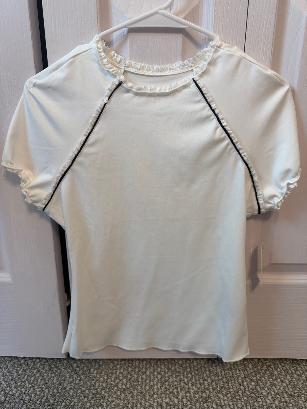 Maeve Cream Short Sleeve Blouse with Black Piping